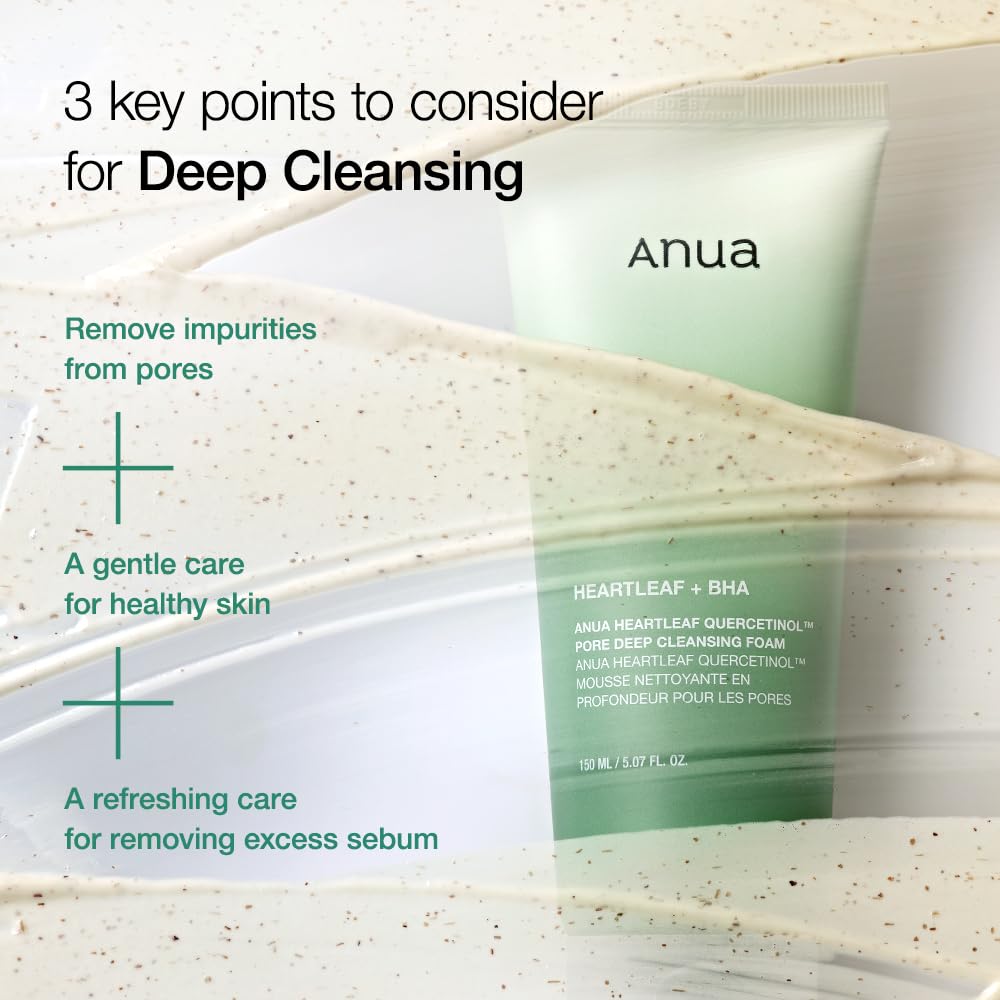 ANUA Heartleaf Quercetinol Pore Deep Cleansing Foam, Facial Cleanser, for Double Cleansing, BHA, Hyaluronic Acid, Glycerin, Face Wash, Blackhead Remover, Korean Skincare (150Ml/5.07 Fl.Oz.)