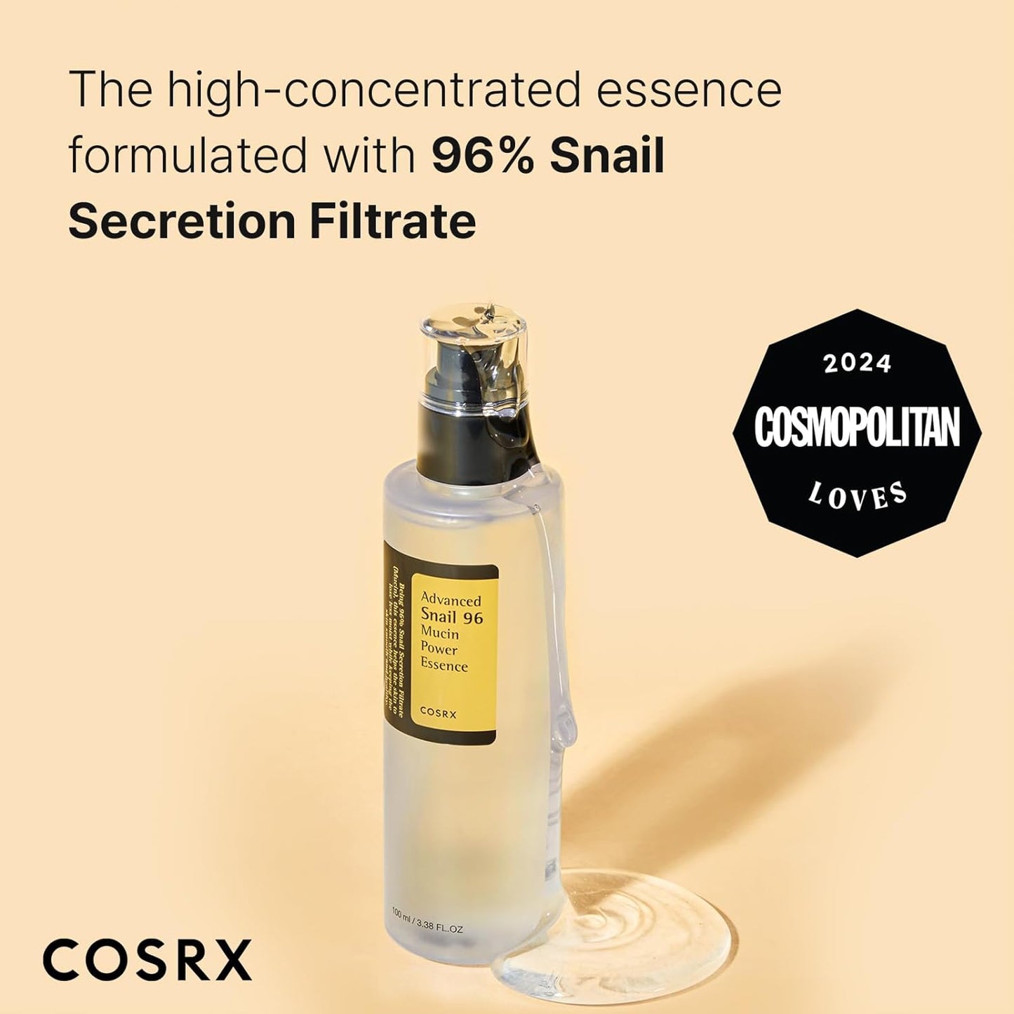 COSRX Snail Mucin 96% Power Repairing Essence 3.38 Fl.Oz 100Ml, Hydrating Serum for Face with Snail Secretion Filtrate for Dull Skin & Fine Lines, Korean Skincare