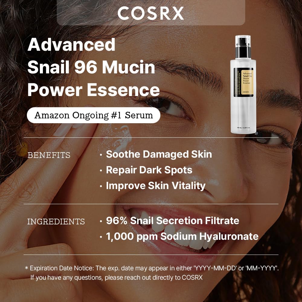 COSRX Snail Mucin 96% Power Repairing Essence 3.38 Fl.Oz 100Ml, Hydrating Serum for Face with Snail Secretion Filtrate for Dull Skin & Fine Lines, Korean Skincare