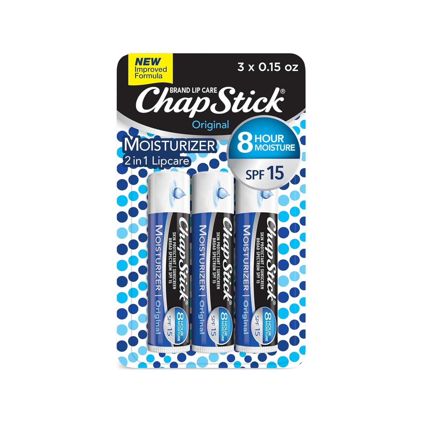 Chapstick Moisturizer Original Lip Balm Tubes, SPF 15 and Skin Protectant - 0.15 Oz (Pack of 3)