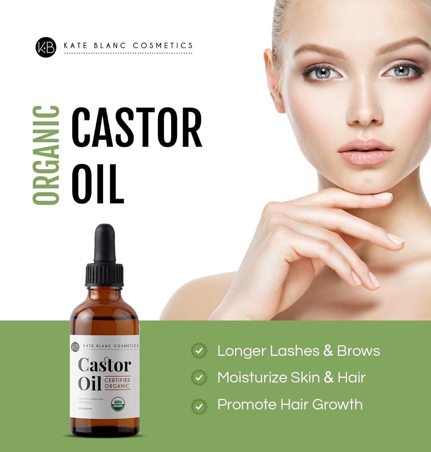 Castor Oil (2Oz), USDA Certified Organic, 100% Pure, Cold Pressed, Hexane Free. Stimulate Growth for Eyelashes, Eyebrows, Hair. Skin Moisturizer & Hair Treatment Starter Kit