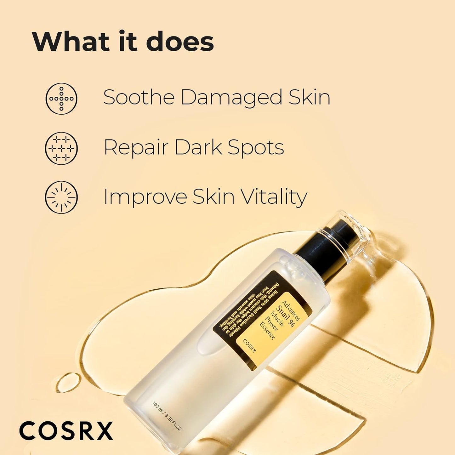 COSRX Snail Mucin 96% Power Repairing Essence 3.38 Fl.Oz 100Ml, Hydrating Serum for Face with Snail Secretion Filtrate for Dull Skin & Fine Lines, Korean Skincare