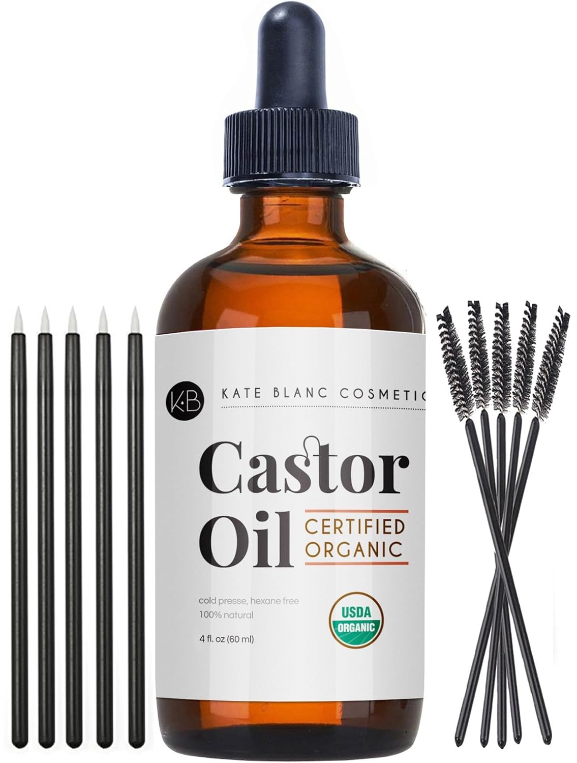 Castor Oil (2Oz), USDA Certified Organic, 100% Pure, Cold Pressed, Hexane Free. Stimulate Growth for Eyelashes, Eyebrows, Hair. Skin Moisturizer & Hair Treatment Starter Kit