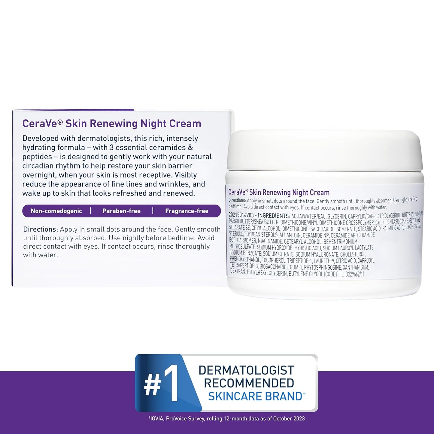 Cerave Skin Renewing Night Cream, Niacinamide, Peptide Complex, and Hyaluronic Acid Moisturizer for Face, 1.7 Ounce.