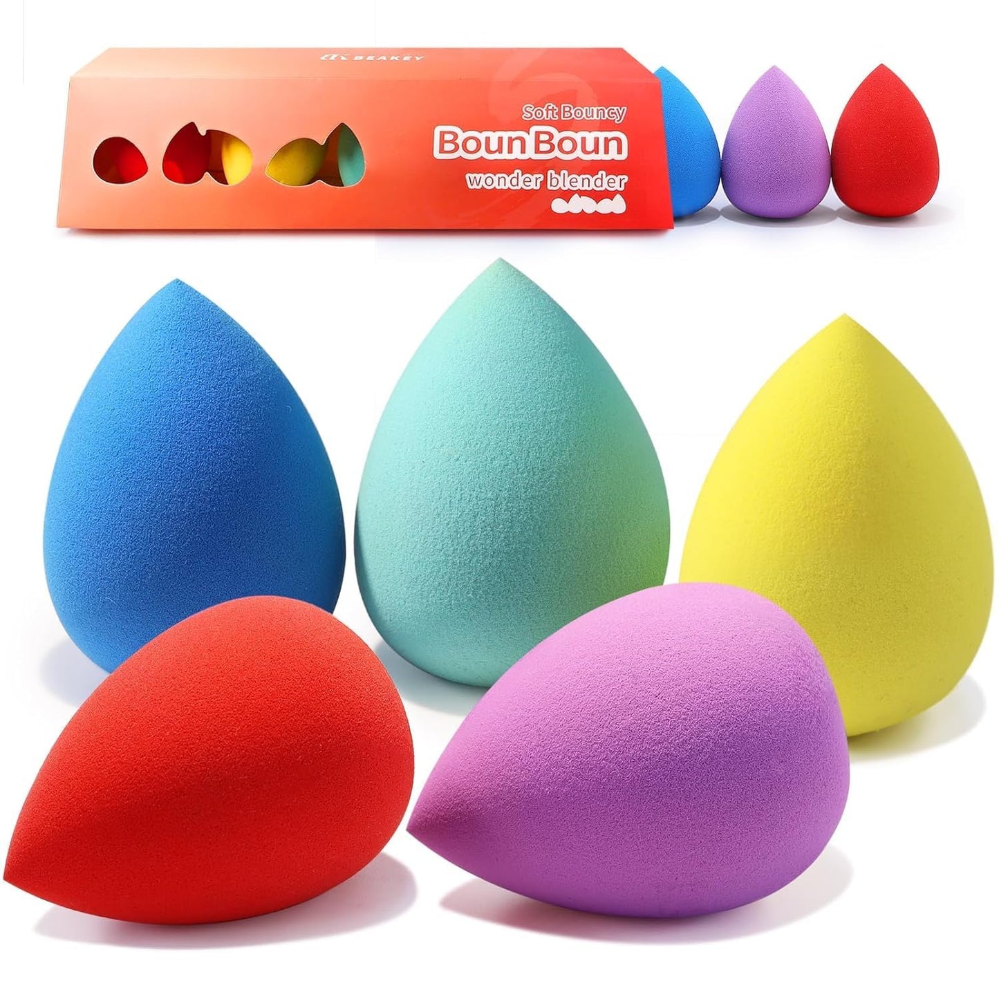 BEAKEY Makeup Sponge 5 Pcs Set, Latex-Free Boun Boun Beauty Sponge for Blending, Makeup Sponges for Foundation Liquid Cream and Powder. Blender for Enhanced Make up Application, Gift for Women