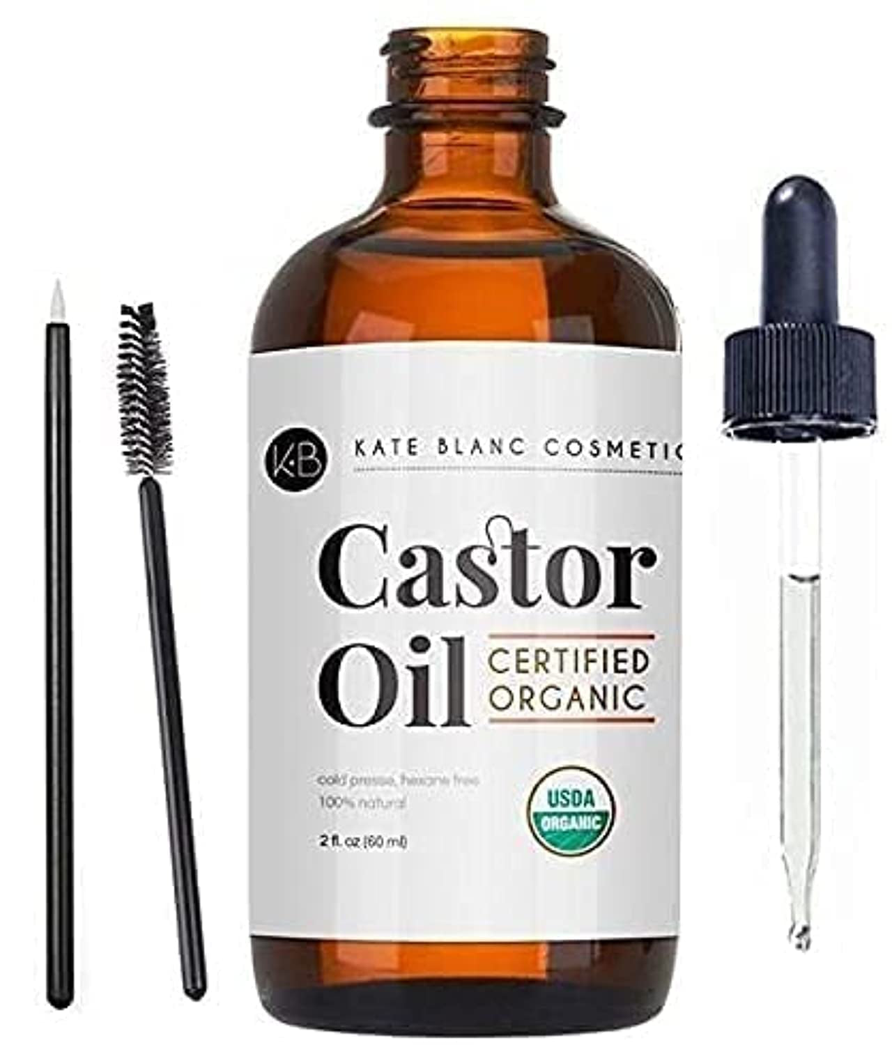 Castor Oil (2Oz), USDA Certified Organic, 100% Pure, Cold Pressed, Hexane Free. Stimulate Growth for Eyelashes, Eyebrows, Hair. Skin Moisturizer & Hair Treatment Starter Kit