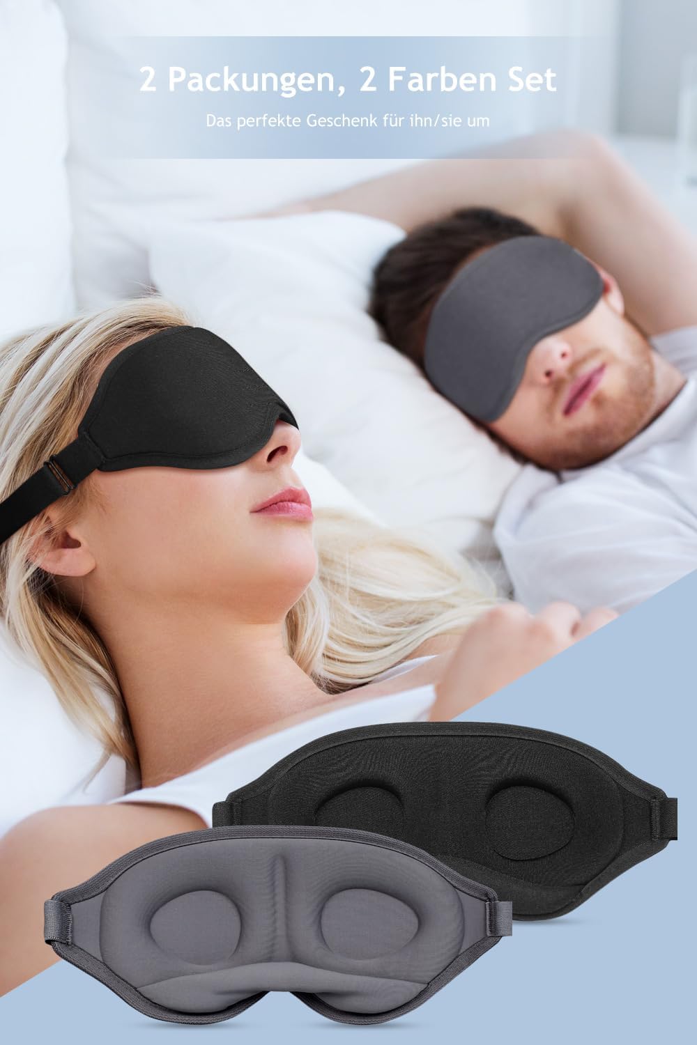 Eye Mask for Sleeping, 2 Packs 3D Contoured Cup Sleep Mask for Men Women, Soft Breathable Blackout Blindfold, Travel Eye Cover, Night Sleeping Mask with Adjustable Buckle for Side Sleeper (Black+Gray)